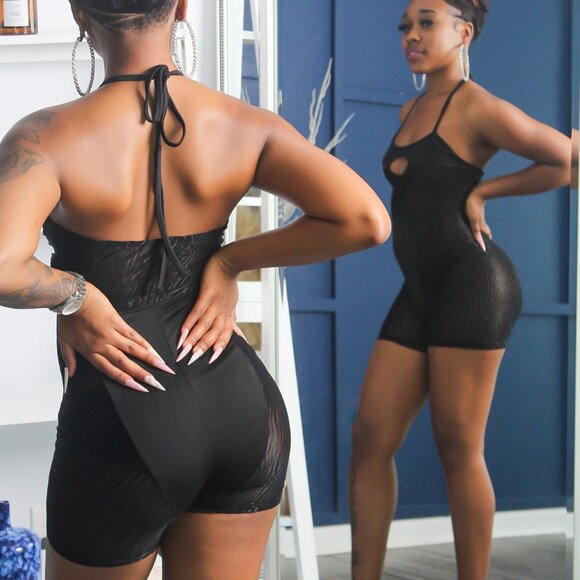 Black Sheer Mesh Romper | Halter Neck Bodycon Playsuit | Night Out Club Outfit - Picture 2 of 6
